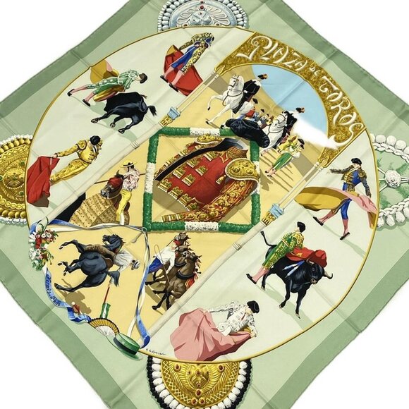 HERMES Carre 90 - Light Green Beige Multi Scarf 211-071725 - Picture 1 of 5